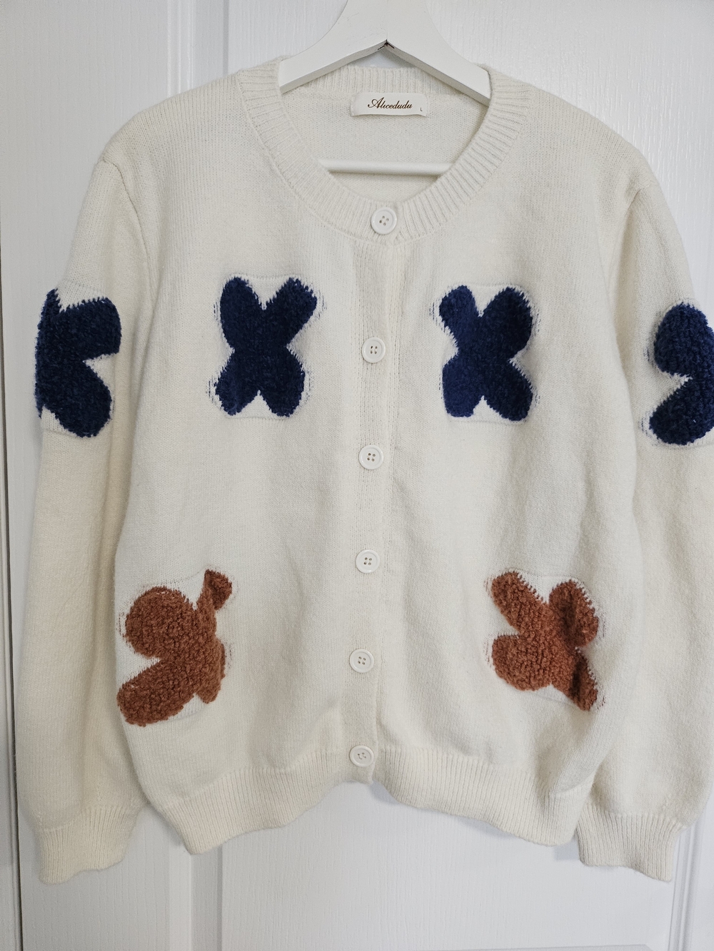 SHEIN Cream Cardigan with Navy & Brown Plush Appliqués